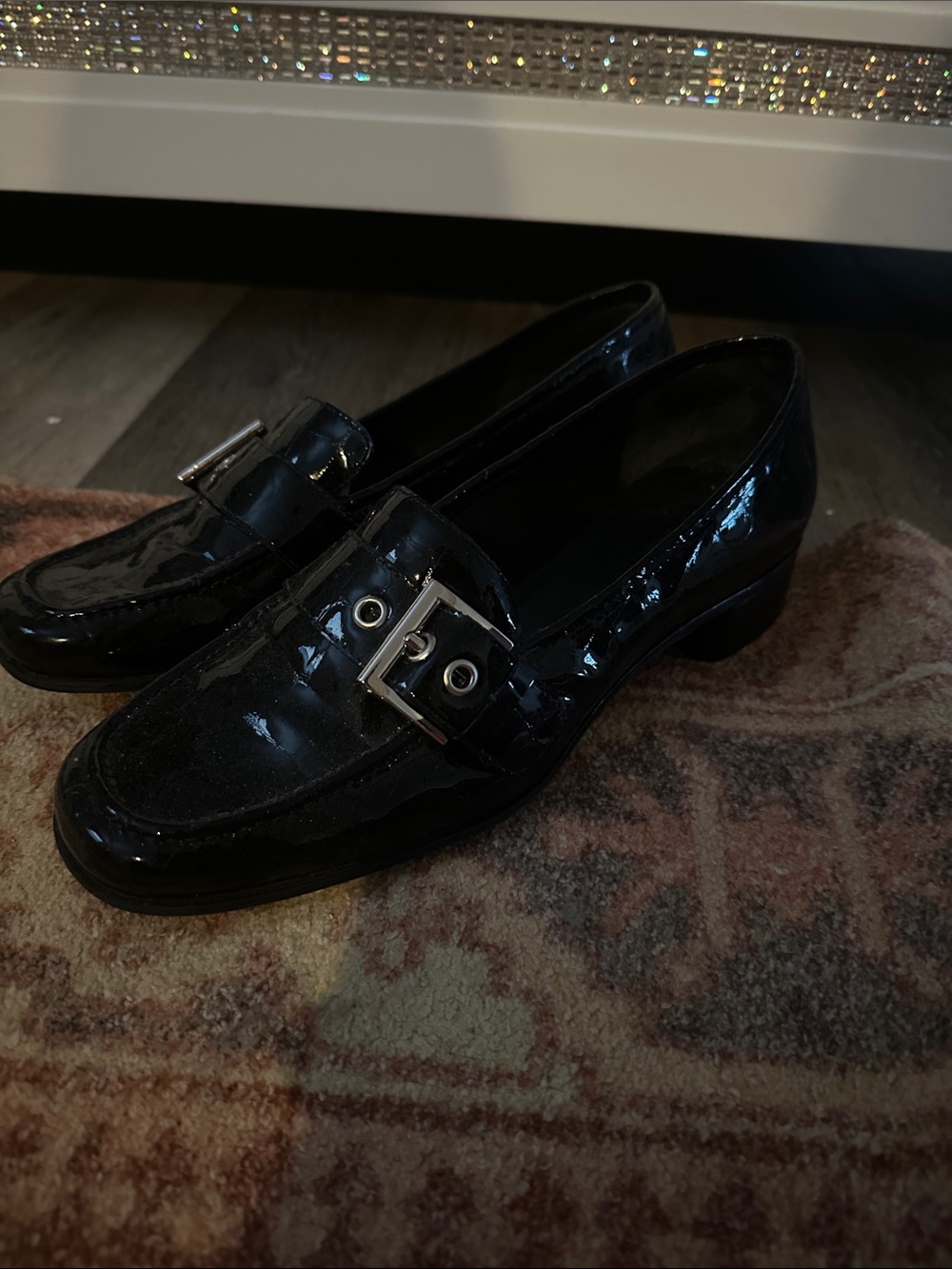 Michelle D Black Patent Loafers with Silver Buckle